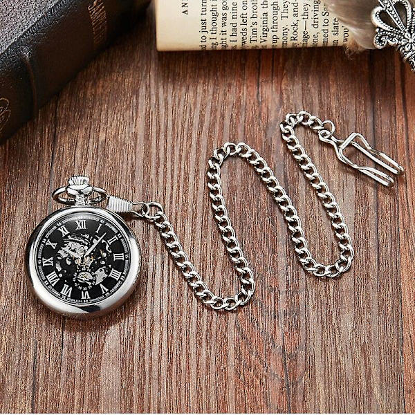 Antik Silver Skelett Mekanisk Fickur För Män Kvinnor Utsökt Snidade Steampunk Klockor