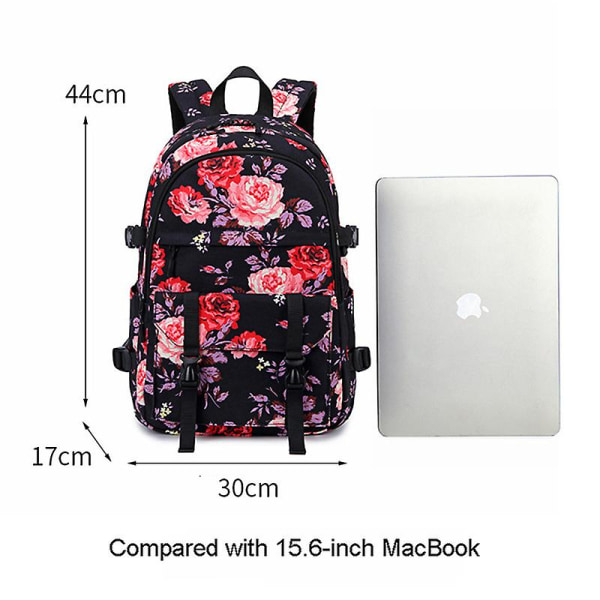 Blommig vattentät USB laptop ryggsäck, rese skolbokväska Black