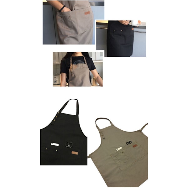 Justerbart forklæde med lommer til mænd og kvinder BBQ forklæde til køkkenrestaurant, 68X75Cm Khaki