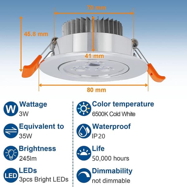 20-pack LED-infällda spotlights 3W kallvit 6000K 245LM KLB