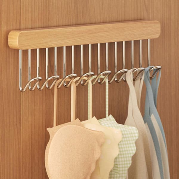 Robust træbøjle med flere kroge til camisoles og stroptoppe - Skabsorganisator 8 hooks right pull