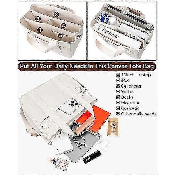 Canvas Tote Taske med flere rum, hvid