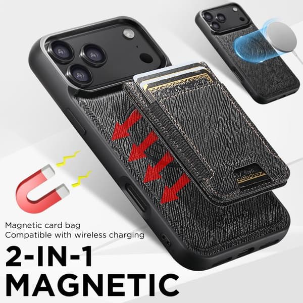 [LCS]iPhone 17 Case - Cross Grain Leather with MagSafe and Detachable Wallet Svart