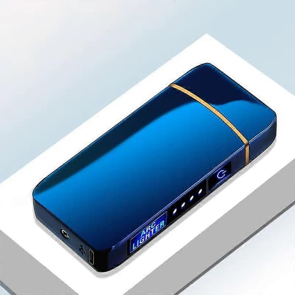 [LCS]Elektrisk Vindtæt Metaltænder Dobbeltbue Plasma Flameless Genopladelig USB Lighter LED Strømdisplay Berøringssensor Lighter No pattern Blue