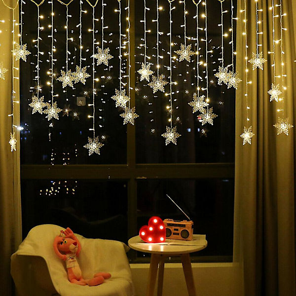 96 LED Snefnug Fe Lyskæde Gardin Vindue 8 Tilstande Julefest Dekoration Warm Color UK