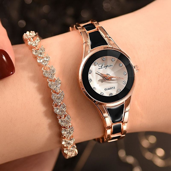 Dame Quartz Ur Armbåndsæt Med Tynd Legeringsrem Skinnende Armbånd Med Æske Rose Gold Black