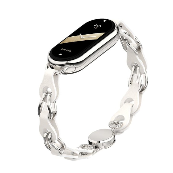 Til Xiaomi Smart Band 8 Magnetisk Ur Ægte Koskindslæder + Armbånd i Aluminiumlegeringskæde White