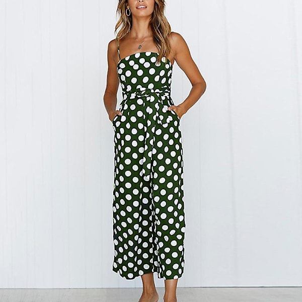 Dame Stroppy Ferie Playsuit Jumpsuit Strand Prikket Trykk Bred Ben For Sommer Ny Green M