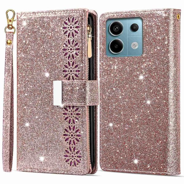 [LCS]Til Xiaomi Redmi Note 13 5G Etui Lynlås Pung PU Læder Glitter Telefoncover Multicolor Style B