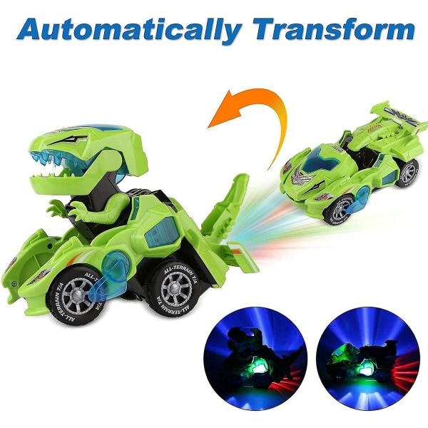 Transformerande dinosaurieleksaker, transformerande dinosauriebil, automatisk transformering av dinosauriebilar med musik och ledljus Green