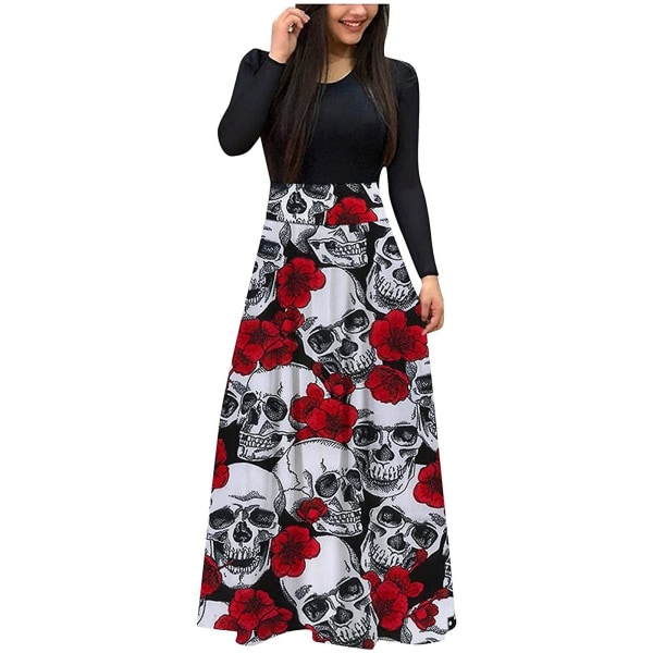 Långärmad Klänning Dam Halloween Skelett Tryck Hög Midja Klänning Rose XL