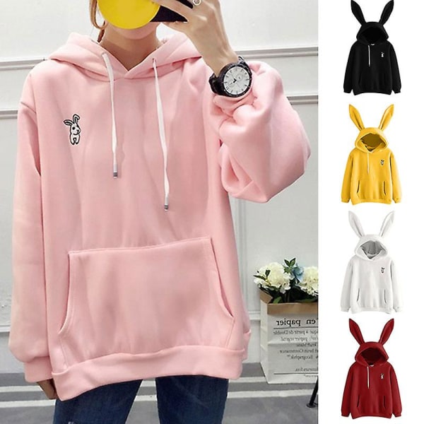 Söt Kanin Hoodie Dam Huvtröja Kaninöron Flicka Långärmad Tröja Sweatshirt Huvjacka Wine Red S