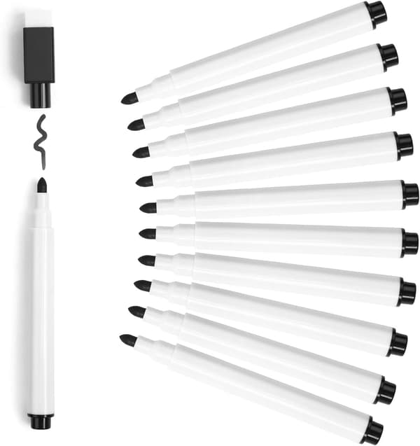 [LCS] Små whiteboardpenne, 10 stk. sorte whiteboardmarkører med viskelæder, fin spids whiteboardpen til børn