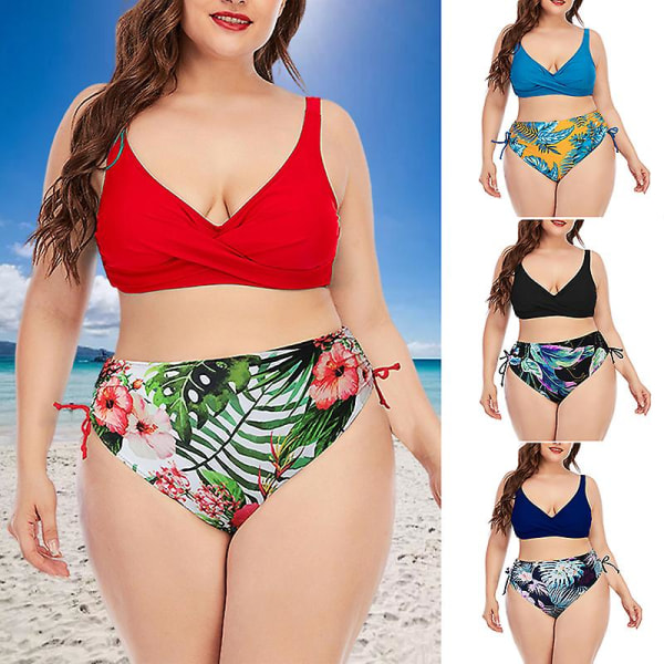 Damoversize bikini 2-delad högskuret printed badkläder Justerbar axelrem Baddräkt för Black XL