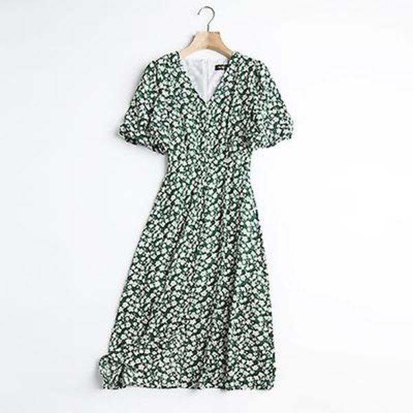 [LCS]V-ringad puffärmad midja grön blommig klänning XL