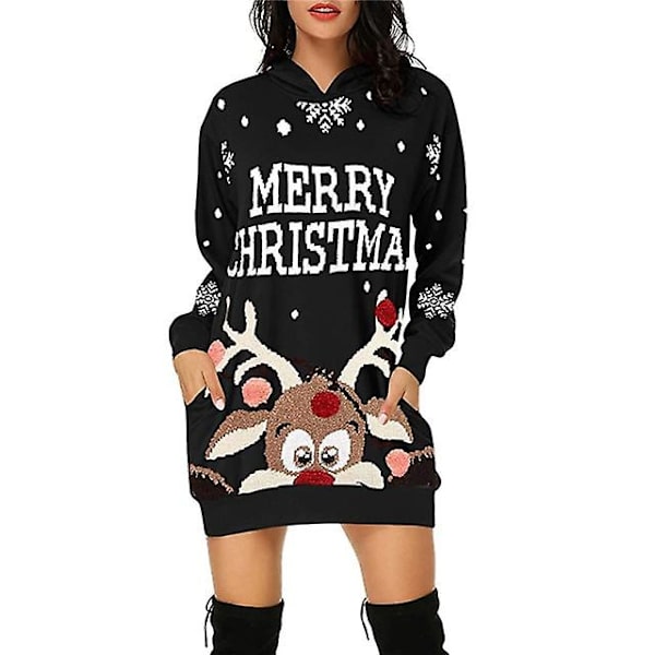 Julstil Sweatshirts Klänning Ficka Huvtröjor Dam Toppar Pullover Tecknad Roliga Sweatshirts För Dam Casual Pullover Höst S