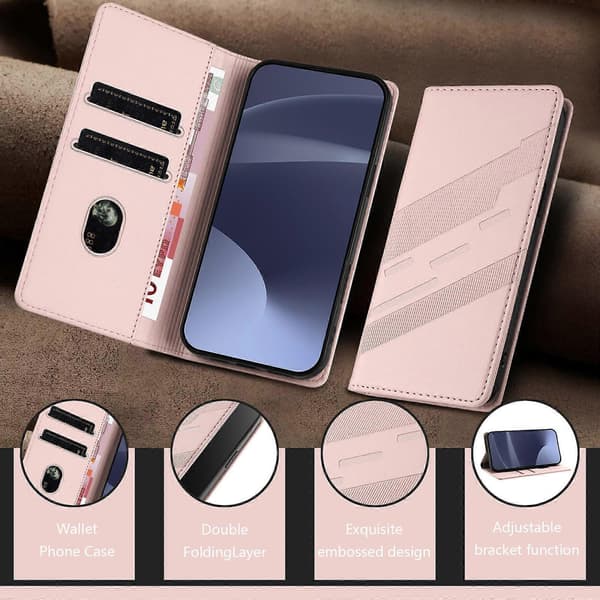 [LCS]Etui til iPhone 15, blødt PU-læder Folio Flip Kickstand Stødsikkert telefonetui - Mørkegrøn Pink