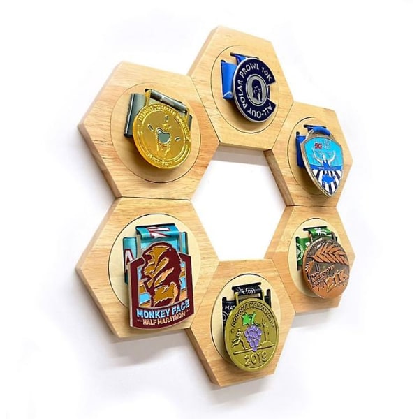 1 st medaljhållare display bikakekombination sexkantigt trä medaljställ gratis stans