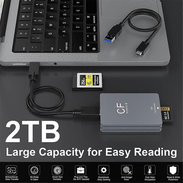 2 i 1 CFexpress typ B SD-kortläsare CFexpress-läsare USB 3.2 10 Gbps dubbla kortplatser med USB C till USB C silver gray