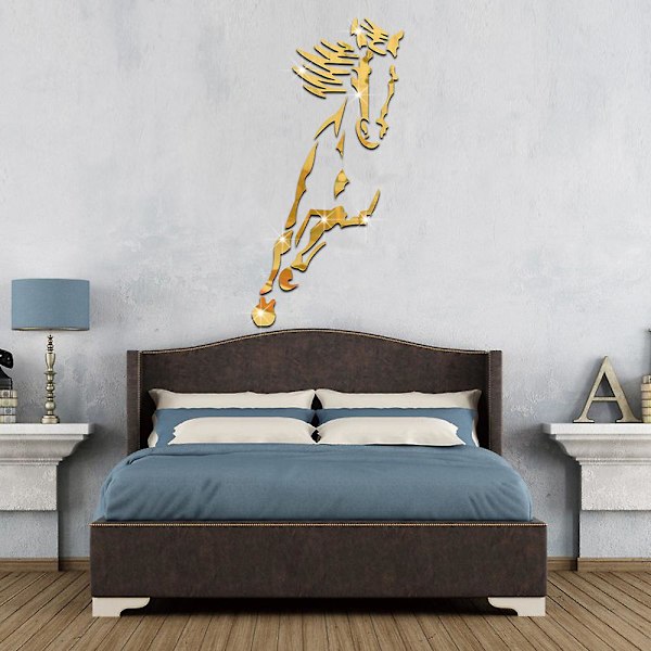 Galopperande Häst Spegel Väggdekor Modern Kreativ Design Väggdekaler 3d Akryl Spegelyta Gold