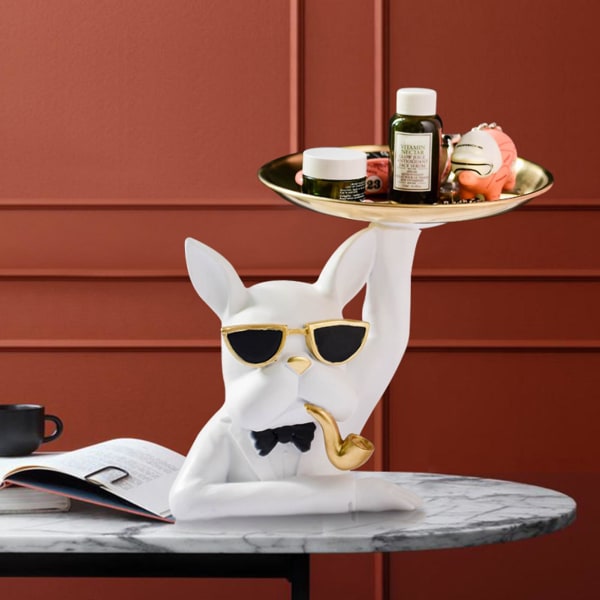 Bulldog Figur Prydnad Hållare Bricka För Nycklar Djur Resin Snackshållare Med Rosett Konstförvaring För White