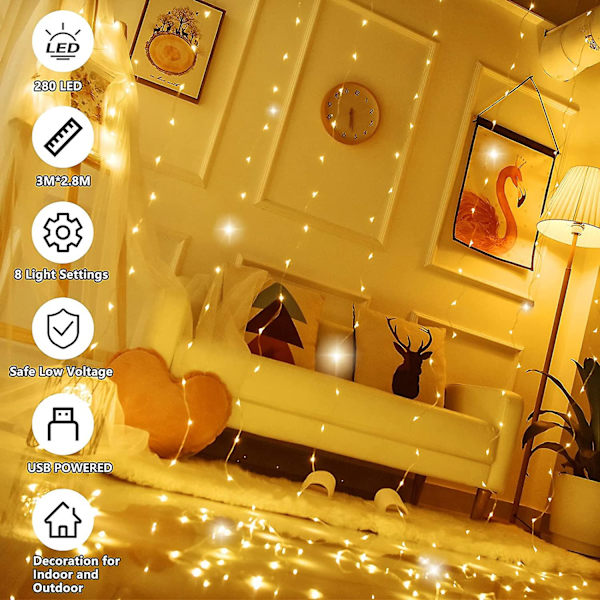 Vanntett USB Gardin Lyslenke med Fjernkontroll 8 Moduser LED Blinkende Lys Julefest Bryllup Halloween Dekor Warm White