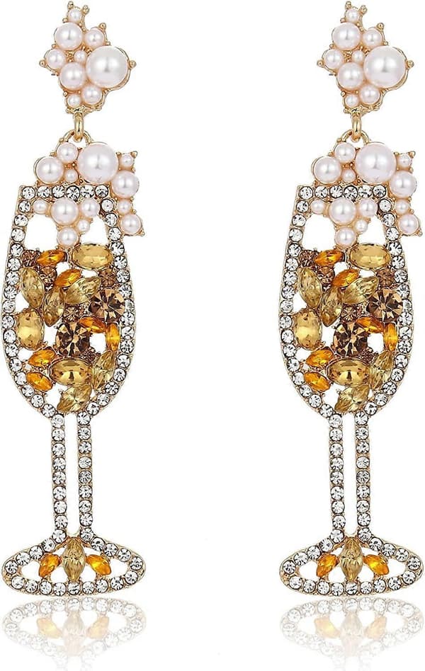 Champagneflaske øreringe, håndlavede krystal champagne vinglas øreringe rhinestone perle dråbe dinglende øreringe charmerende søde statement party E