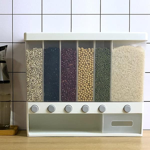 [LCS] Veggmontert tørrdispenser, risbøtte, flere rom, automatisk måling, oppbevaringsboks, forseglet
