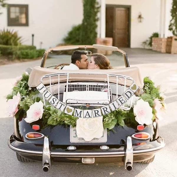 [LCS] Just Married Banner Bilpynt Gullglitter Just Married Skilt Girlander For Brudedusjdekorasjon