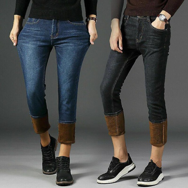 Vinter jeansbyxor för män Jeans Fleecefodrade varma byxor med raka ben Tjocka långbyxor Plus Size 32