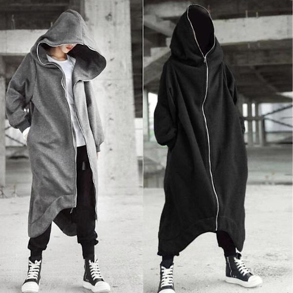 Unisex Långärmad Hooded Nazgul Lång Kappa Dragkedja Fleecefodrad Lång Hoodie Gray M