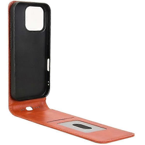 Kompatibelt etui til iPhone 16 Pro med kortplads, magnetisk vertikalt flip-cover i læder Orange