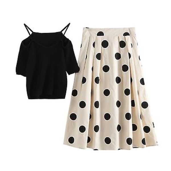 Lyhythihainen pilkullinen hame pitkä hame kaksiosainen mekko Black