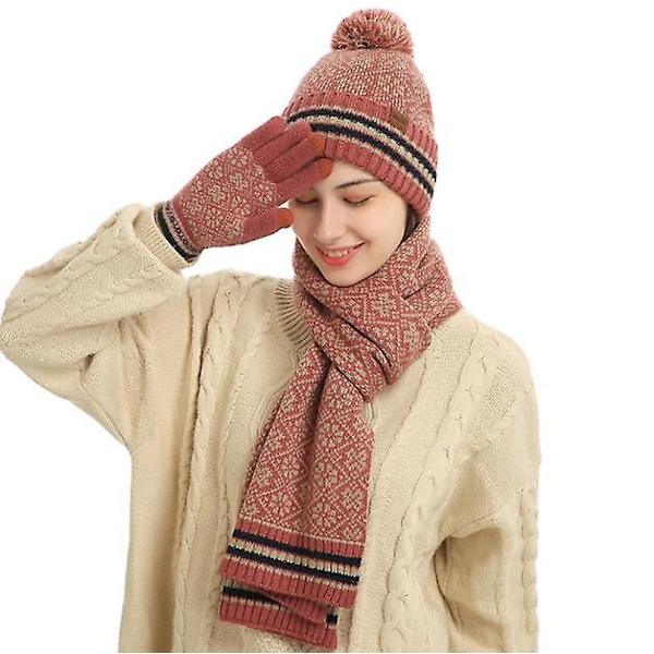 3 stk. Vinterstrikket lue, skjerf og hanskesett for menn og kvinner rose red