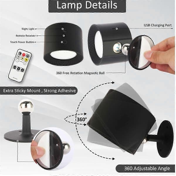 USB-uppladdningsbara LED-lampor med fjärrkontroll, magnetisk installation C P White