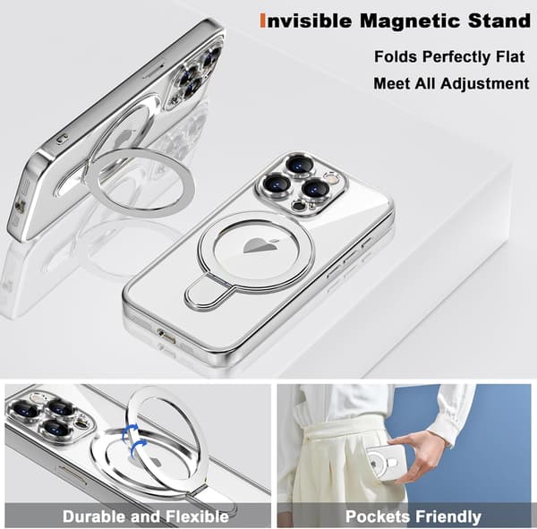 [LCS] iPhone 15 Pro Case with Invisible Magnetic Ring Stand [MagSafe Compatible] [Full Camera Lens Protection] Plated Clear for iPh Silver