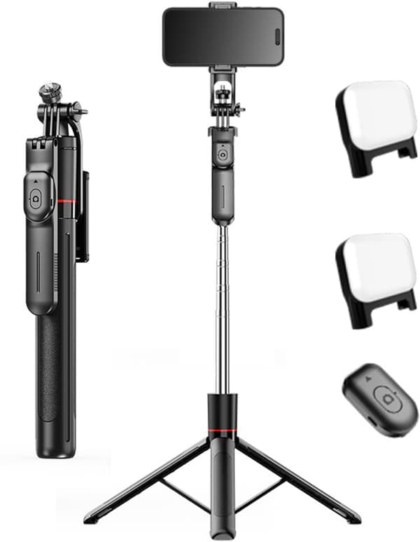 [LCS] Smartphone Tripod with Lighting, Bluetooth Remote Control - Universal Height-Adjustable Monopod with Dual LED Lights for All Mobile Phones