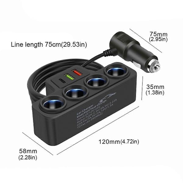 4-vägs cigarettändaruttag 12V-24V strömadapter 120W QC3.0+PD3.1A biladapter