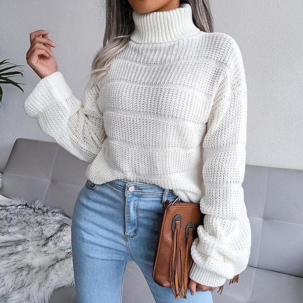 Dam Vinter Solid Turtleneck Ballong Långärmade Tröjor Pull WHITE L