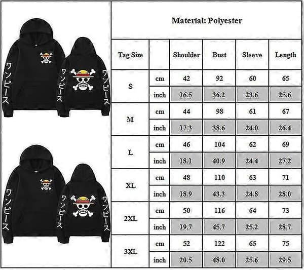 One Piece Anime Print Hettegenser Langermet Uformelle Hettegensere Pullover Topper For Menn Kvinner 2XL