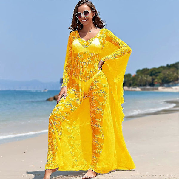 [LCS] Strandöverdrag Boho Spetskimono Plus Size Bikini Robe Baddräkt för kvinnor Solid-MXBC Yellow