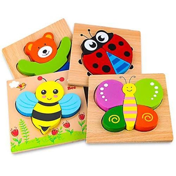 4 Pack trä pedagogiska leksaker djur pussel för småbarn gåva