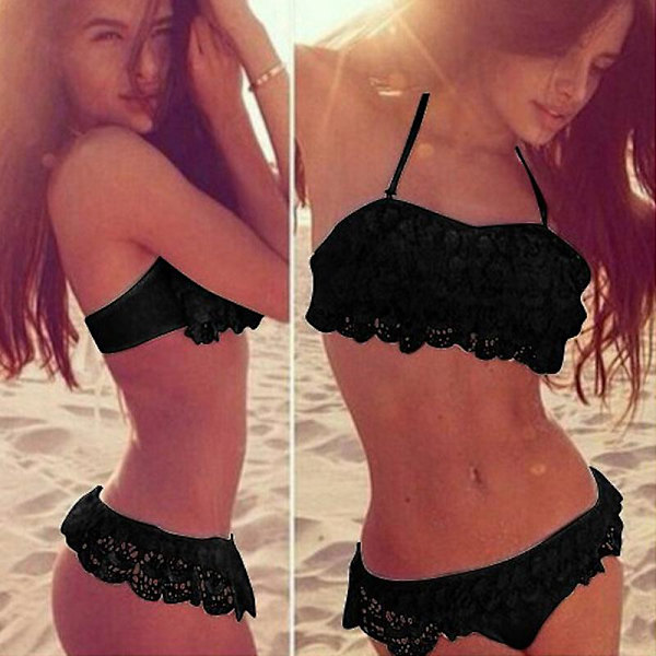 Sexig Dam Bikini Set Bandage Halter Push Up Vadderad Baddräkt Strandkläder Trikini Kostym L