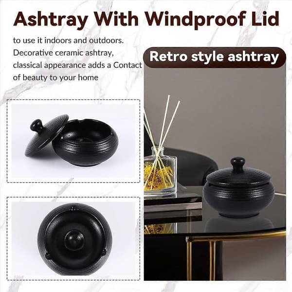 [LCS]Ceramic Ashtray with Windproof Lid for Indoor and Outdoor Use - Black Black