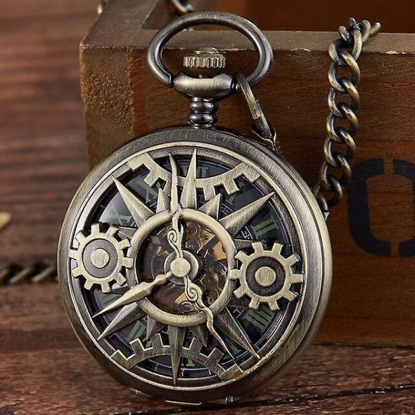 Steampunk Retro Hul Gear Bevegelse Mekanisk Lommeur Skjelett Håndvind FOB Klokker