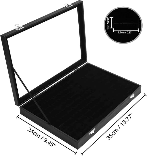 [LCS] Svart monterad ringdisplay med lock - Ringdisplay med 100 platser - Förvaring av ringar, örhängen och manschettknappar