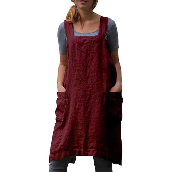 Bomull Lin Forkle Kryss Rygg Forkle For Kvinner Med Lommer Kittelkjole For Baking Matlaging Red XL