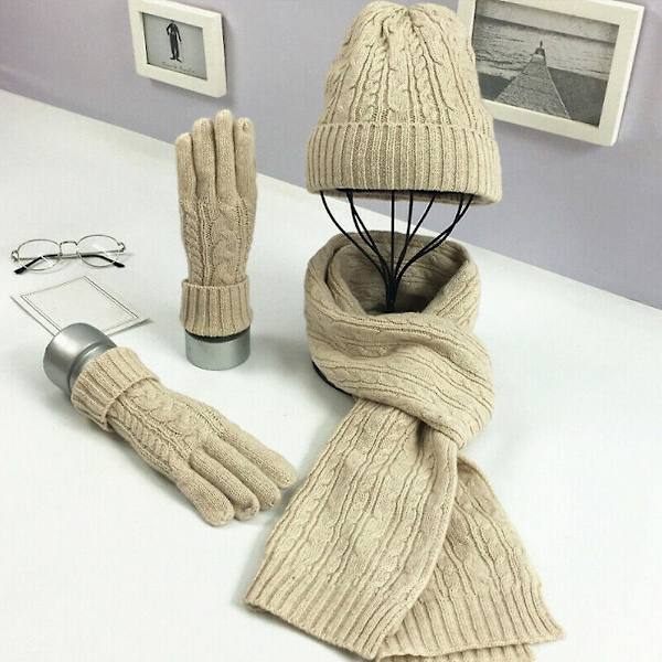 Vinter Dam Ullig Tjock Stickad Mössa Halsduk Handskar Set Varmt Mjukt Stickat Ullset Beige