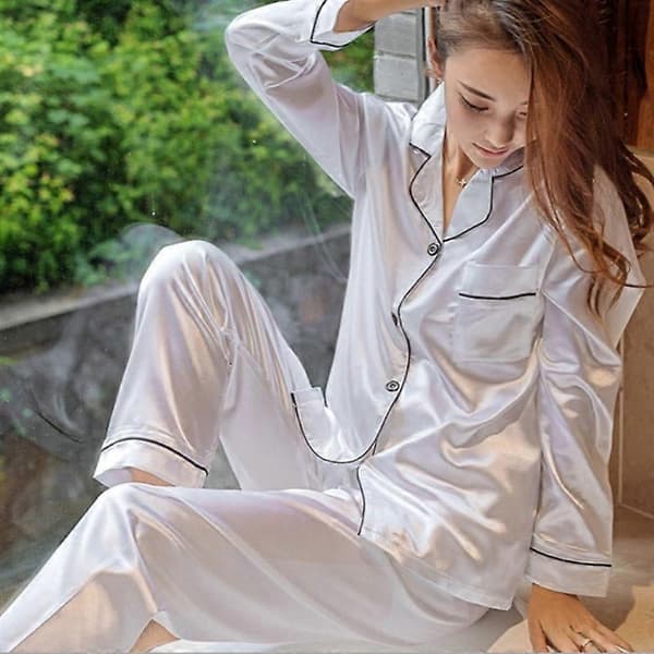 Dame Pyjamas Sæt i Silke med Lange Ærmer og Bukser White XL