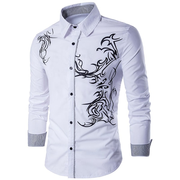 Herre Printet Skjorte med Knapper Lange Ærmer Casual Skjorte hvid XXL white